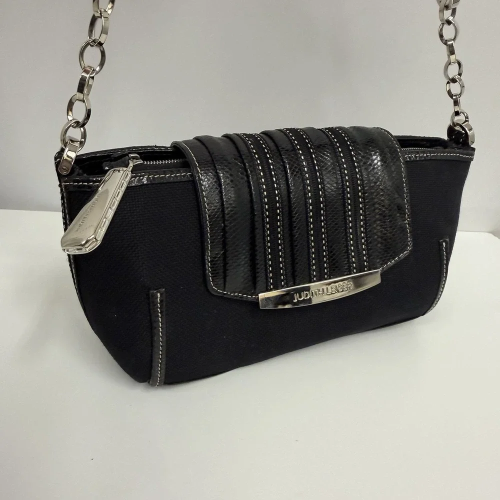 Judith Leiber Snakeskin and Fabric Purse Black Crystals Trim Mirror Change Pouch
